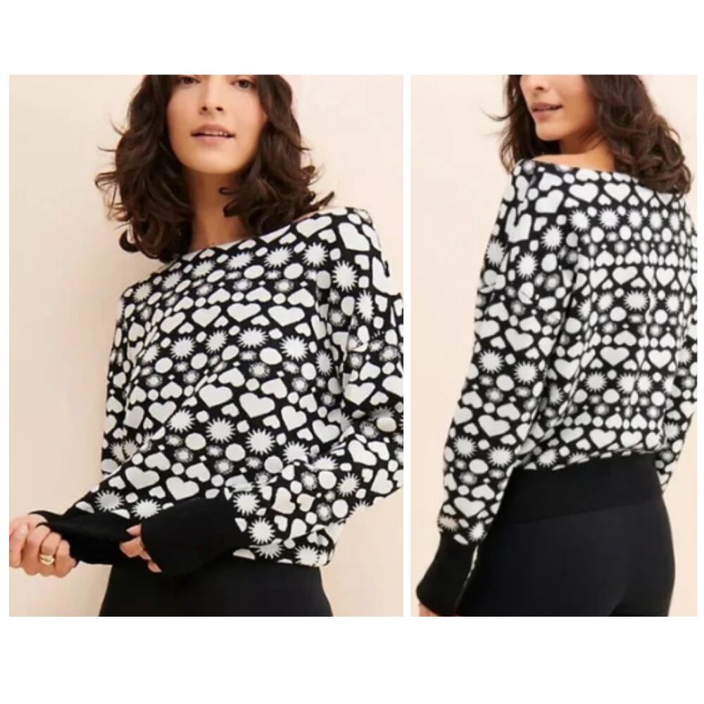 Maeve Anthropologie Black White Graphic Heart Sun Moon Boat Neck Sweater, Medium